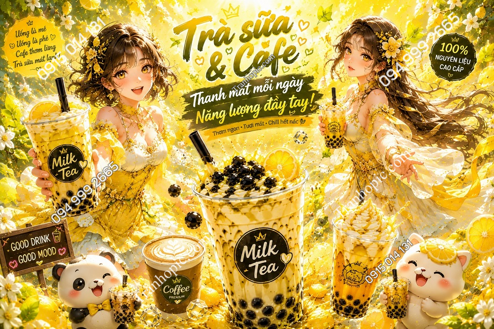 Tranh Dán Tường Trà Sữa Fantasy Cô Gái Trẻ Trung Tông Vàng Chanh GPTCF2026666