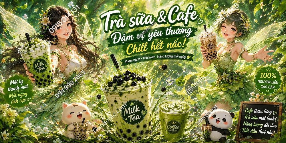 Tranh Dán Tường Trà Sữa Fantasy Cô Gái Trẻ Trung Tông Xanh Lá Cây GPTCF2026664