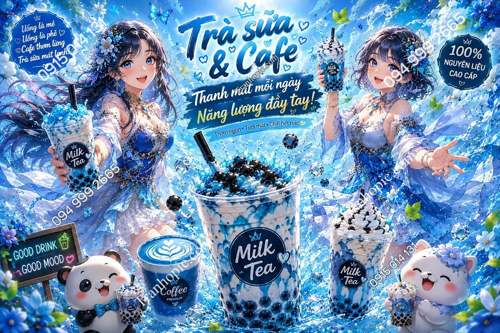 Tranh Dán Tường Trà Sữa Fantasy Cô Gái Trẻ Trung Tông Xanh Nước Biển GPTCF2026667