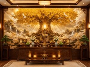 Tranh dán tường cây bồ đề vàng dán tường phòng thờ phật GPTBD2026961