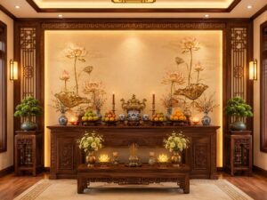 Tranh dán tường hoa sen dán ban thờ gia tiên màu be ấm cúng GPTS2026961