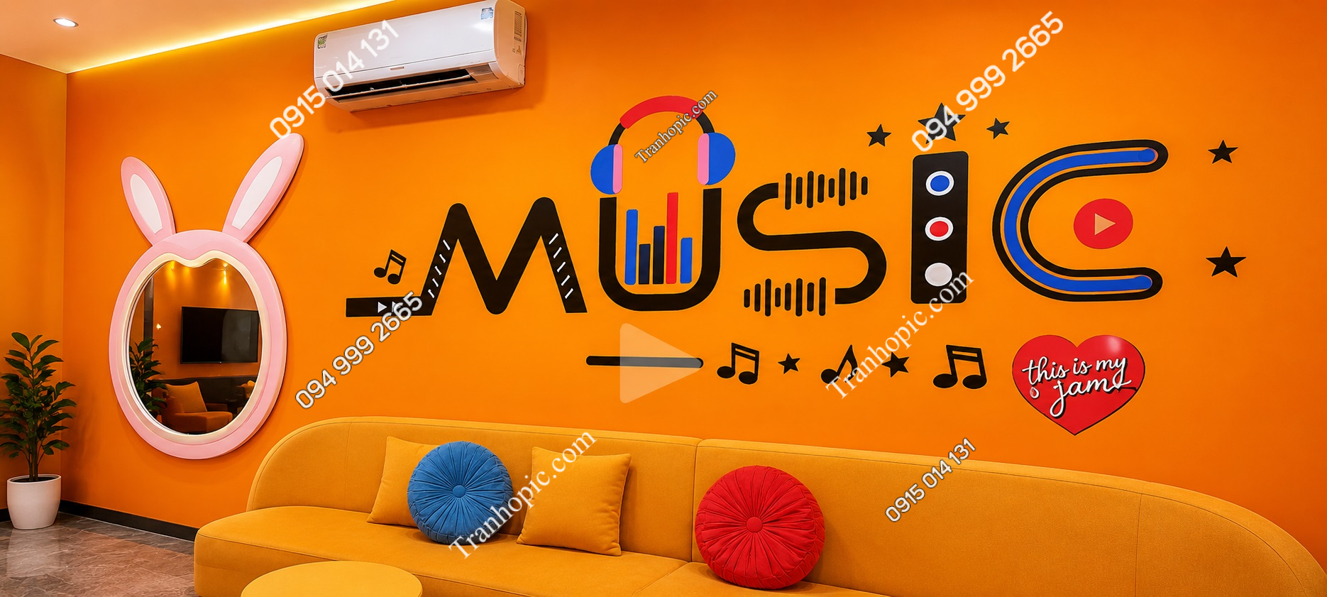 Tranh dán tường music nền cam trang trí cửa hàng music box GPTPT202610611